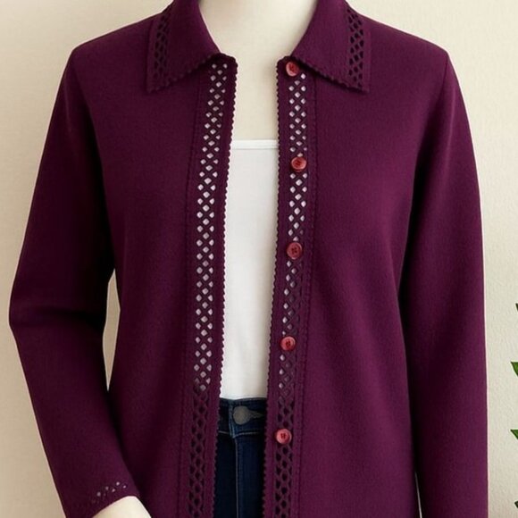 Cherokee Purple Cardigan Perforated Button Up Knit Sweater Size XL Soft Cozy Top - Picture 8 of 16